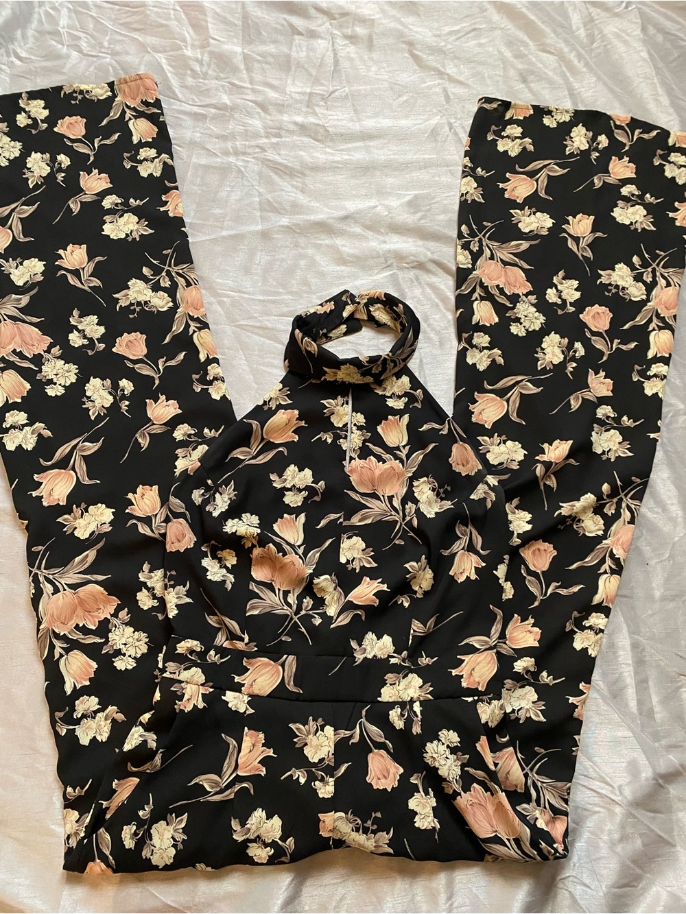 Sienna Sky Black Floral Halter Jumpsuit with Peach & Cream Blooms